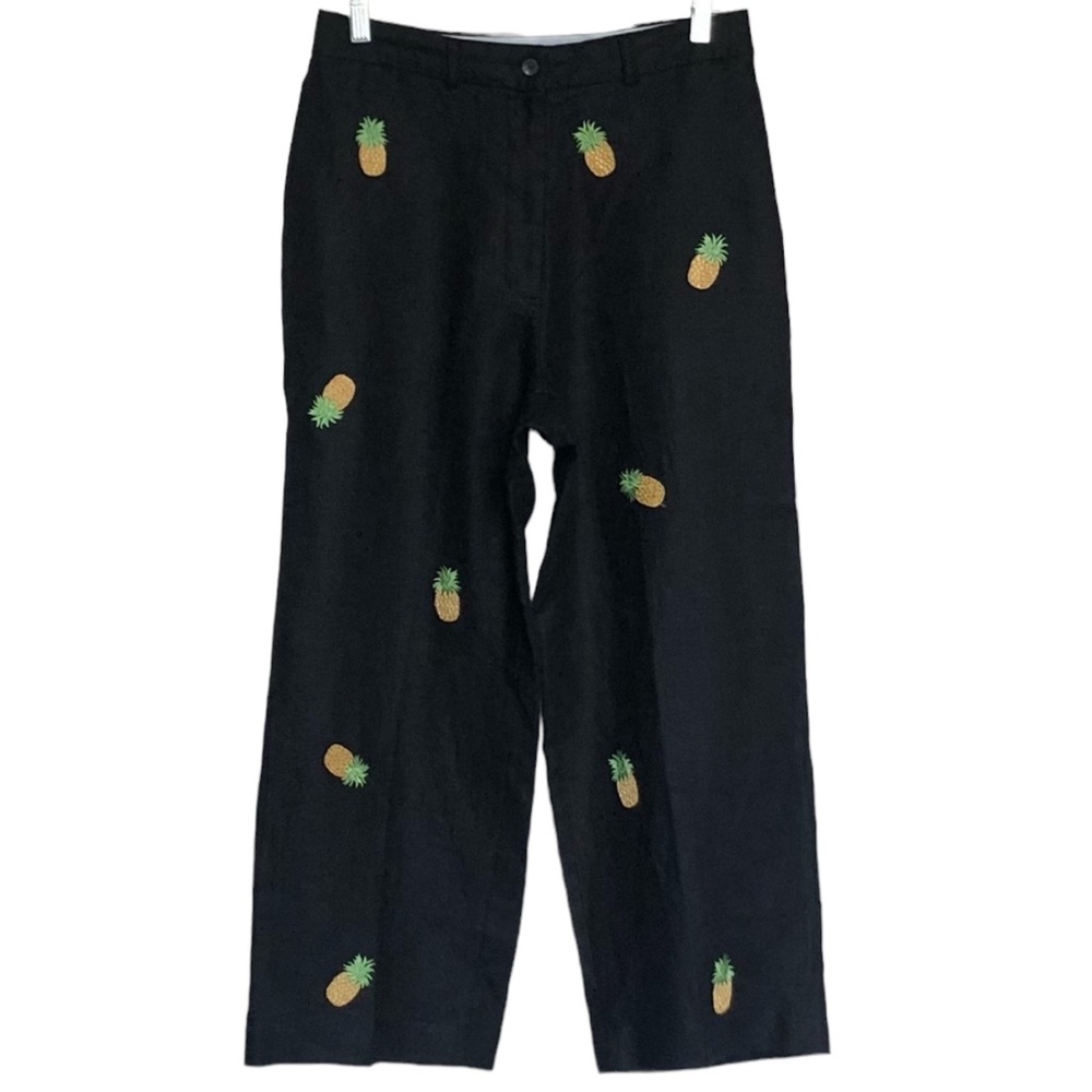 Deane & White Pineapple Embroidered Crop Linen Wide Leg Pants Sz 10